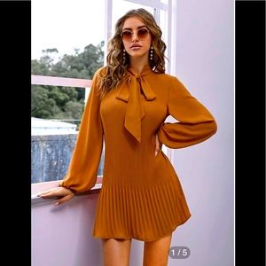 Tie neck lantern sleeve pleated dress